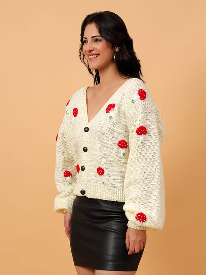 KNIT GEMS Oversized Mushroom Design Cardigan | Woollen Knitted Sweater for Winter