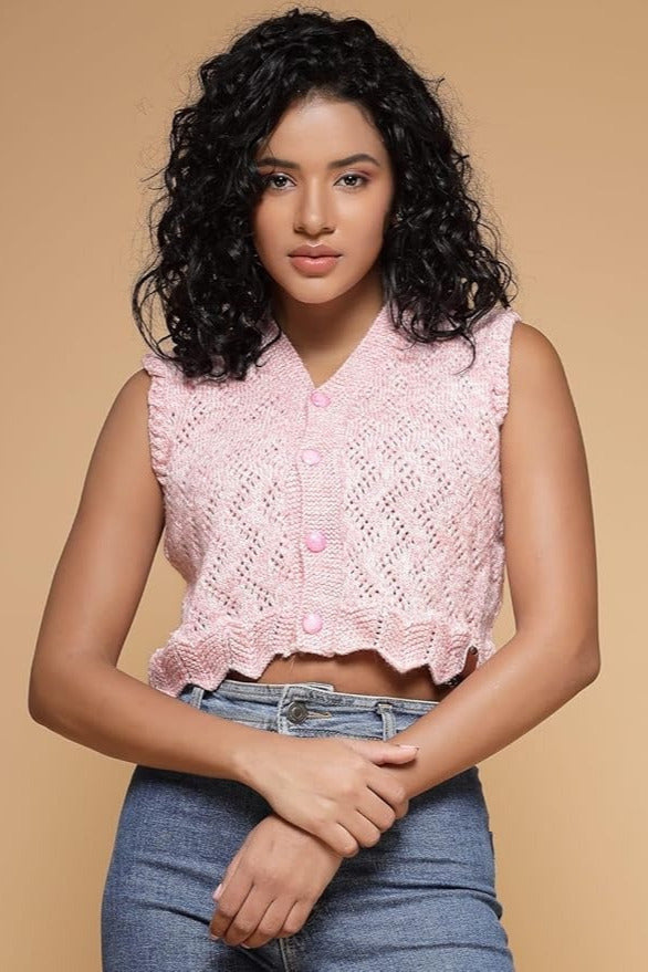 KNIT GEMS Handmade Pink Blouse V-Neck Self Design Women's Cardigan