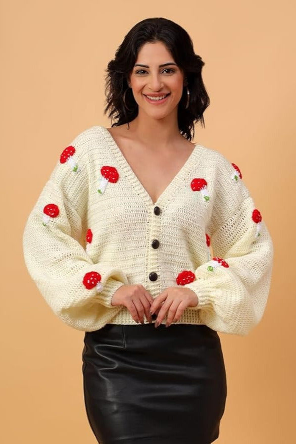 KNIT GEMS Oversized Mushroom Design Cardigan | Woollen Knitted Sweater for Winter