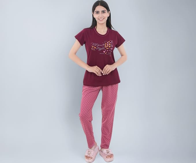 Women's 100% Hosiery Cotton Printed Top with Printed Lower | Night Suit T-Shirt & Pajama Set for Women | Sleeping Tees & Bottom for Women (Maroon & Pink)