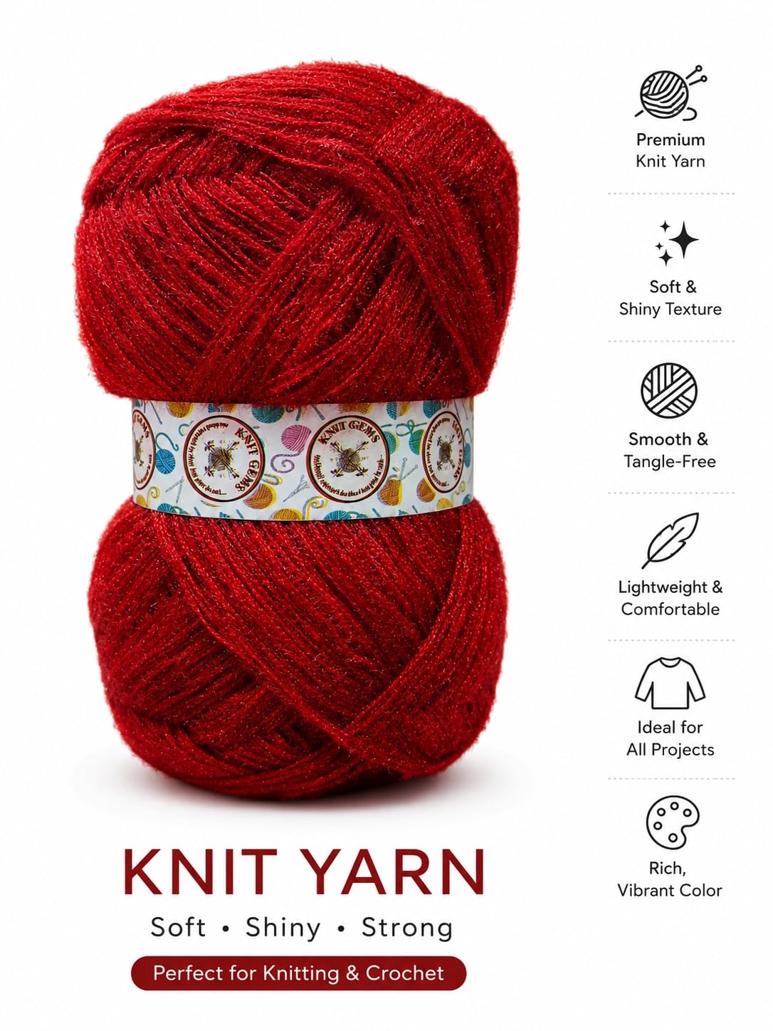 KNIT GEMS 100% Hand Knitting and Crochet Wool Knitting Yarn | Suitable for Craft | Babywear | Baby Blanket | DIY | Sweater | Socks | Knitting Wool Yarn (Red)