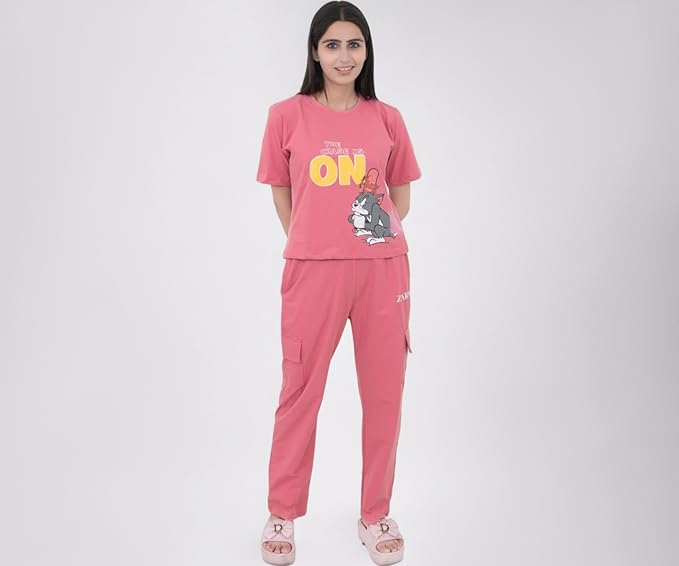 Women's 100% Lycra Hosiery Cartoon Printed Crop Top with Solid Lower | T-Shirt & Pajama Set for Women | Sleeping Tees & Bottom for Women (Peach)
