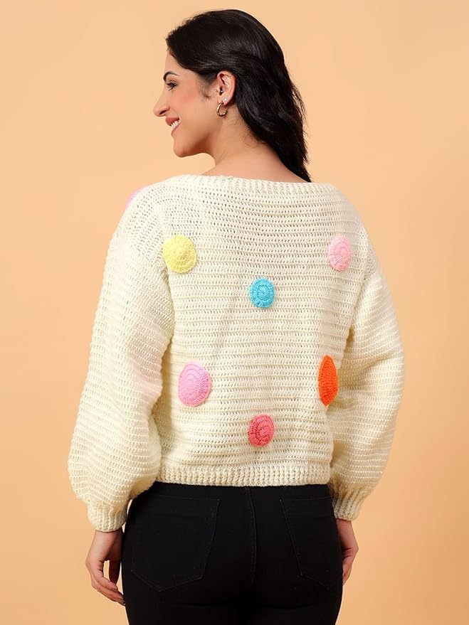 KNIT GEMS Crochet Off White Polka Dot Design Full Sleeves Cardigan