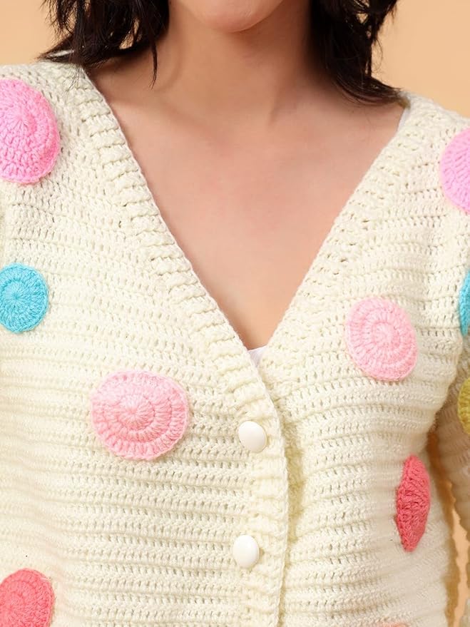 KNIT GEMS Crochet Off White Polka Dot Design Full Sleeves Cardigan