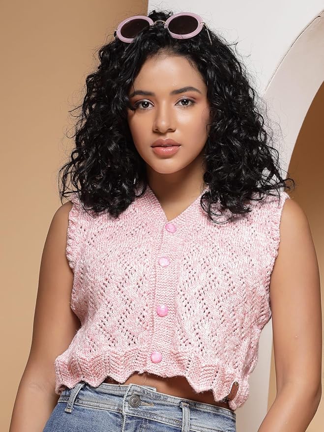 KNIT GEMS Handmade Pink Blouse V-Neck Self Design Women's Cardigan