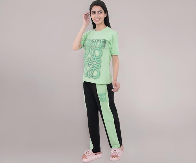 Women's 100% Lycra Hosiery Cartoon Printed Crop Top with Solid Lower | T-Shirt & Pajama Set for Women | Sleeping Tees & Bottom for Women (Green)