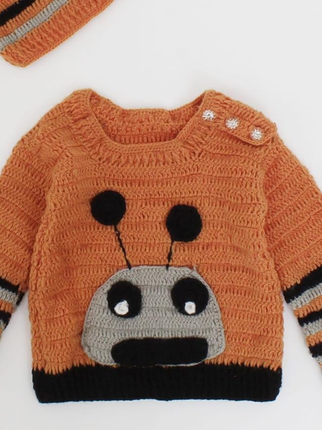 KNIT GEMS Handmade Alain Design Baby Cardigan with Cap | Kids Sweater with caps