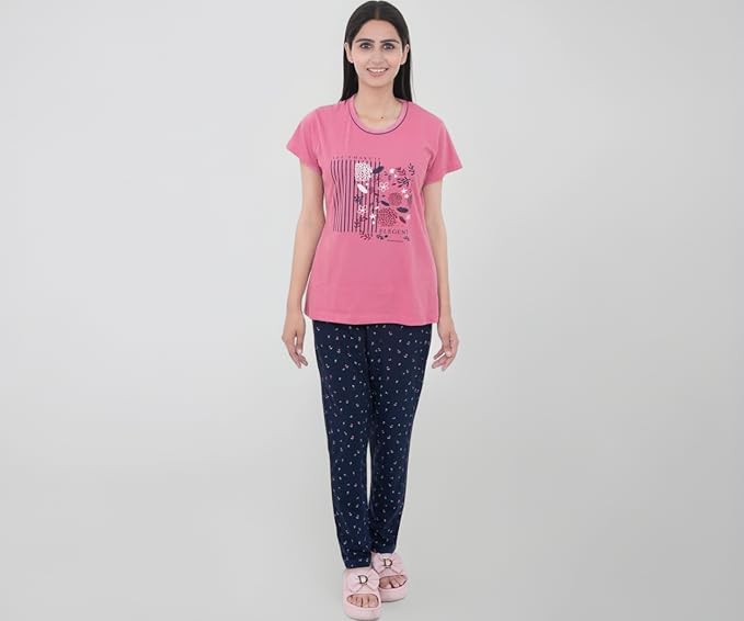 Women's 100% Hosiery Cotton Printed Top with Printed Lower | Night Suit T-Shirt & Pajama Set for Women | Sleeping Tees & Bottom for Women (Pink & Navy Blue)