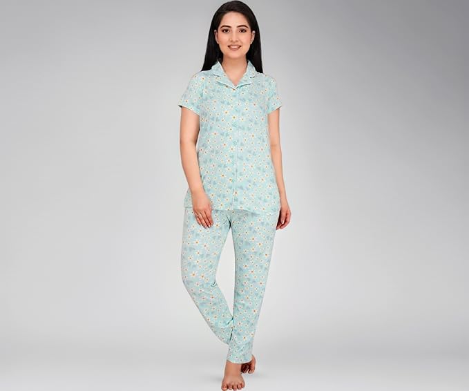 Women's Cotton Printed Night Suit Set of Shirt & Pajama Set | Women Stylish Pyjama Set | Nightwear Pyjama's for women & Girls (Sea Green)