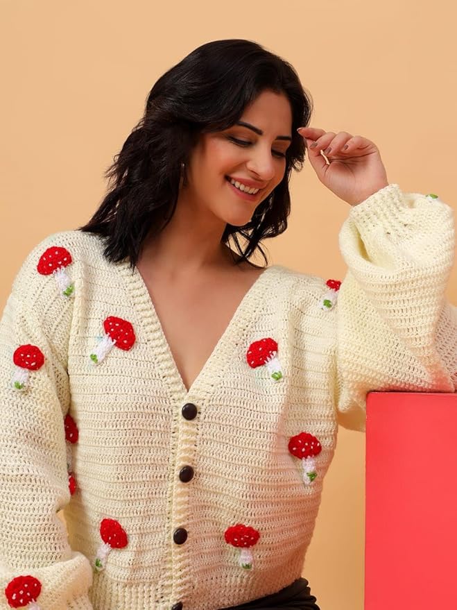 KNIT GEMS Oversized Mushroom Design Cardigan | Woollen Knitted Sweater for Winter