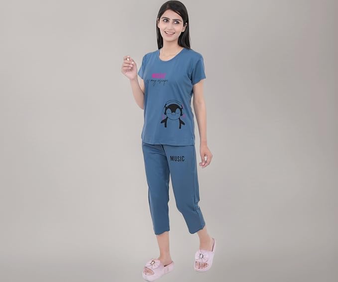 Cotton Night Suits for Women | Night Dresses for Women | Relaxed Capri Night Suit for Women's | Night Wear for Woman | Top & Capri Set (Blue)