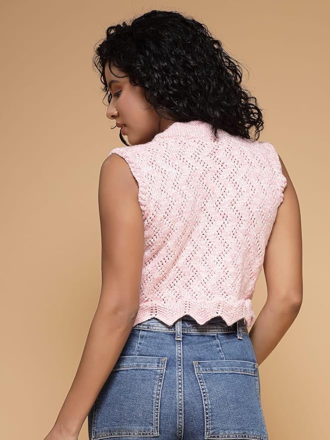 KNIT GEMS Handmade Pink Blouse V-Neck Self Design Women's Cardigan