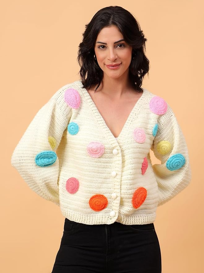 KNIT GEMS Crochet Off White Polka Dot Design Full Sleeves Cardigan