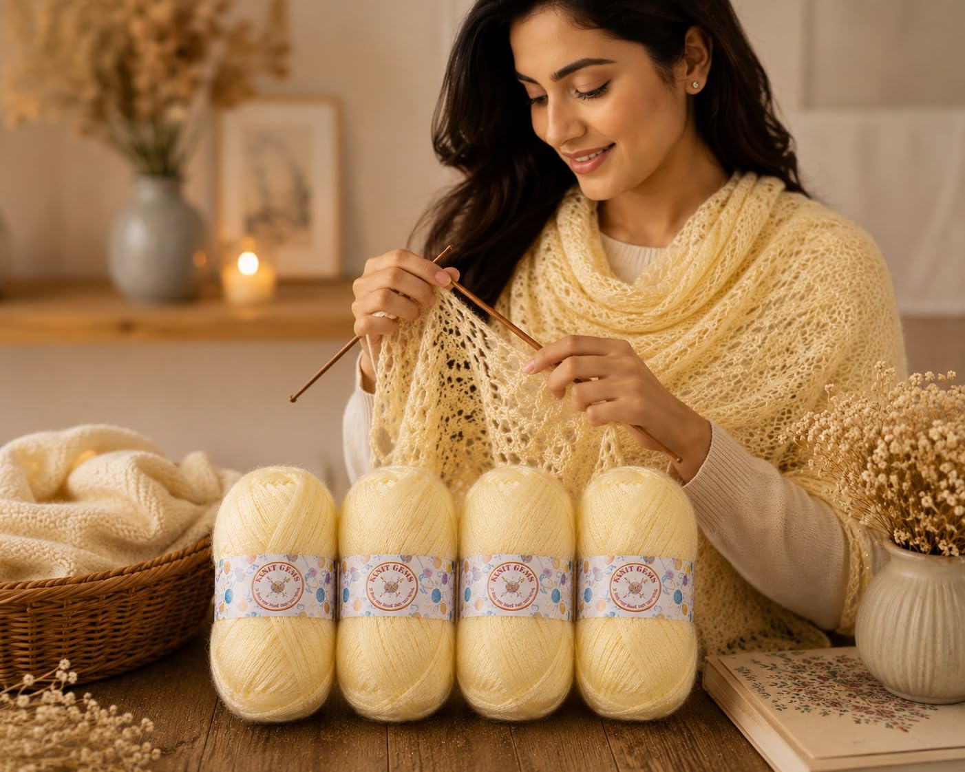KNIT GEMS 100% Hand Knitting and Crochet Wool Knitting Yarn | Suitable for Craft | Babywear | Baby Blanket | DIY | Sweater | Socks | Knitting Wool (Cream)