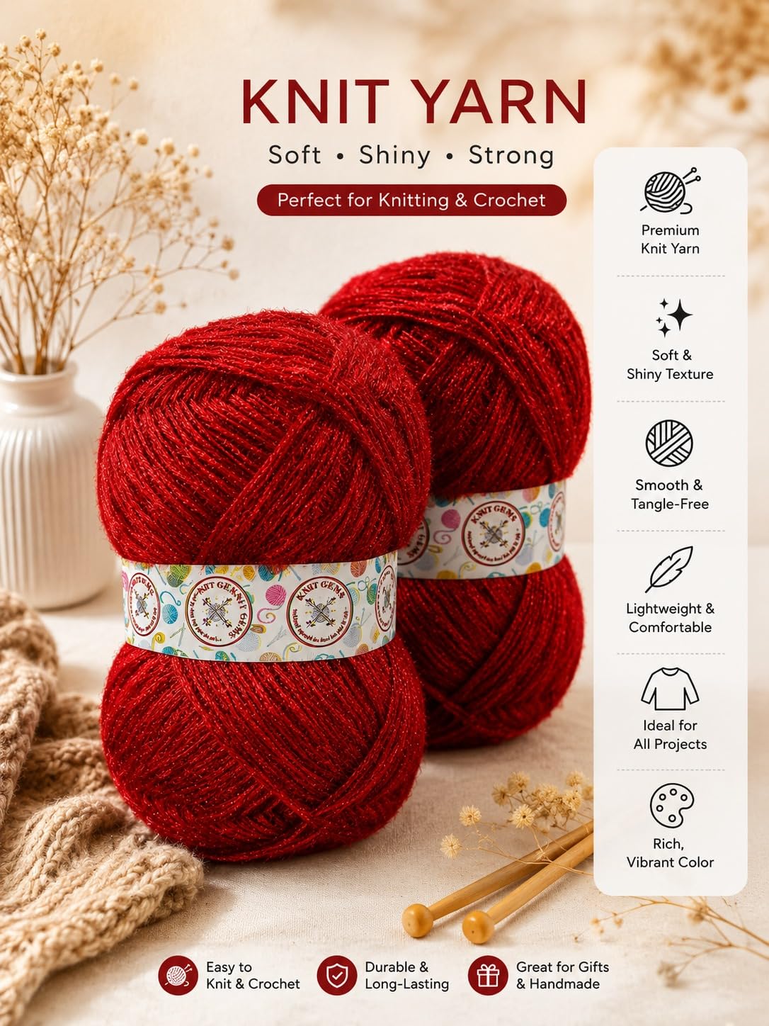 KNIT GEMS 100% Hand Knitting and Crochet Wool Knitting Yarn | Suitable for Craft | Babywear | Baby Blanket | DIY | Sweater | Socks | Knitting Wool Yarn (Red)