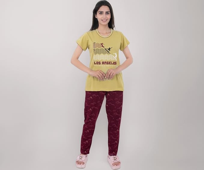Women's 100% Hosiery Cotton Printed Top with Printed Lower | Night Suit T-Shirt & Pajama Set for Women | Sleeping Tees & Bottom for Women (Rust & Maroon)