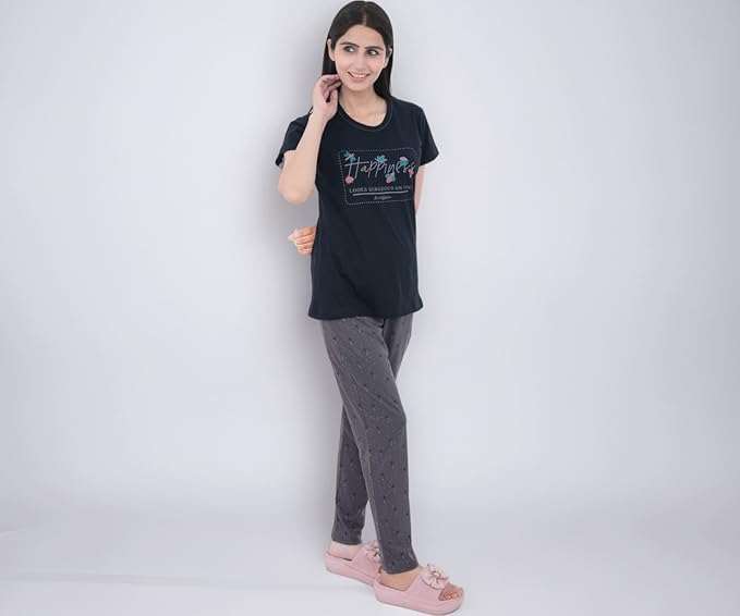 Women's 100% Hosiery Cotton Printed Top with Printed Lower | Night Suit T-Shirt & Pajama Set for Women | Sleeping Tees & Bottom for Women (Navy Blue & Grey)
