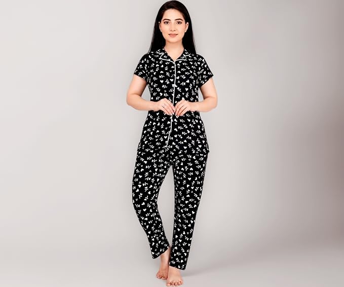 Women's Cotton Printed Night Suit Set of Shirt & Pajama Set | Women Stylish Pyjama Set | Nightwear Pyjama's for women & Girls (Black)