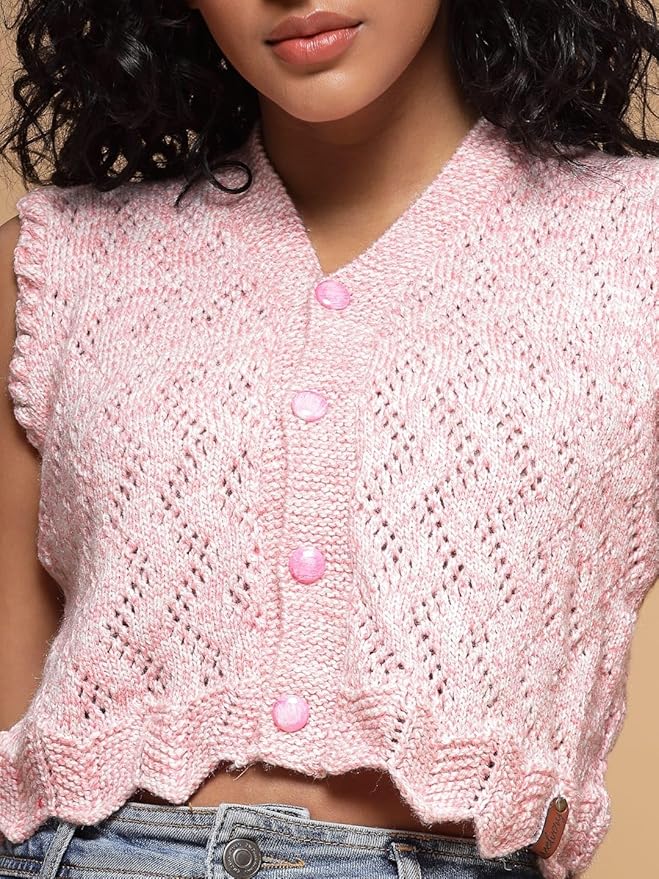 KNIT GEMS Handmade Pink Blouse V-Neck Self Design Women's Cardigan