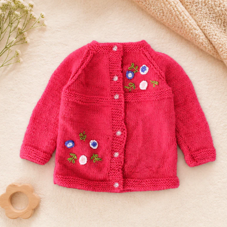 KNIT GEMS Handmade Baby Full Sleeves Knitted Embroidery Cardigan