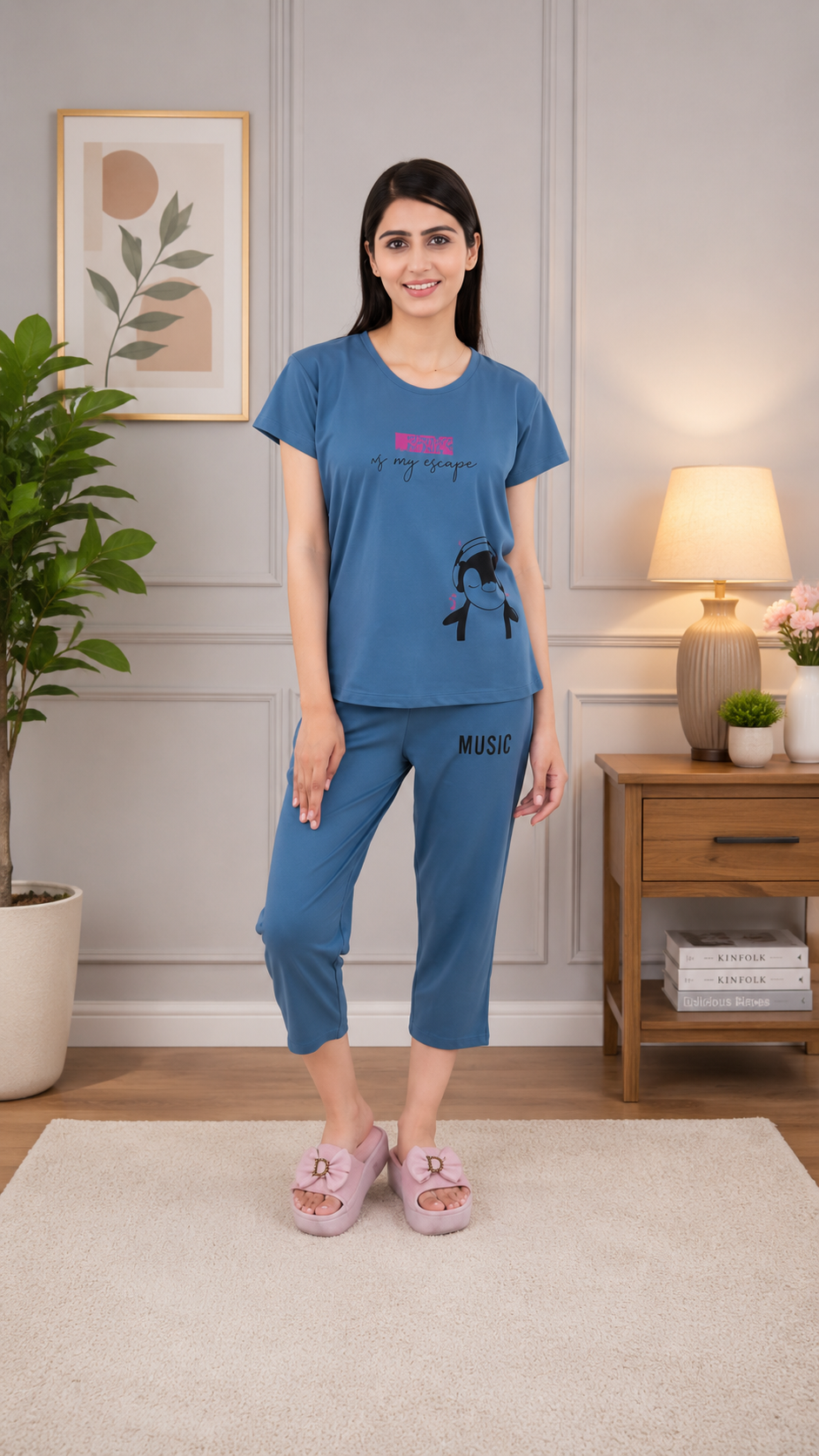 Cotton Night Suits for Women | Night Dresses for Women | Relaxed Capri Night Suit for Women's | Night Wear for Woman | Top & Capri Set (Blue)