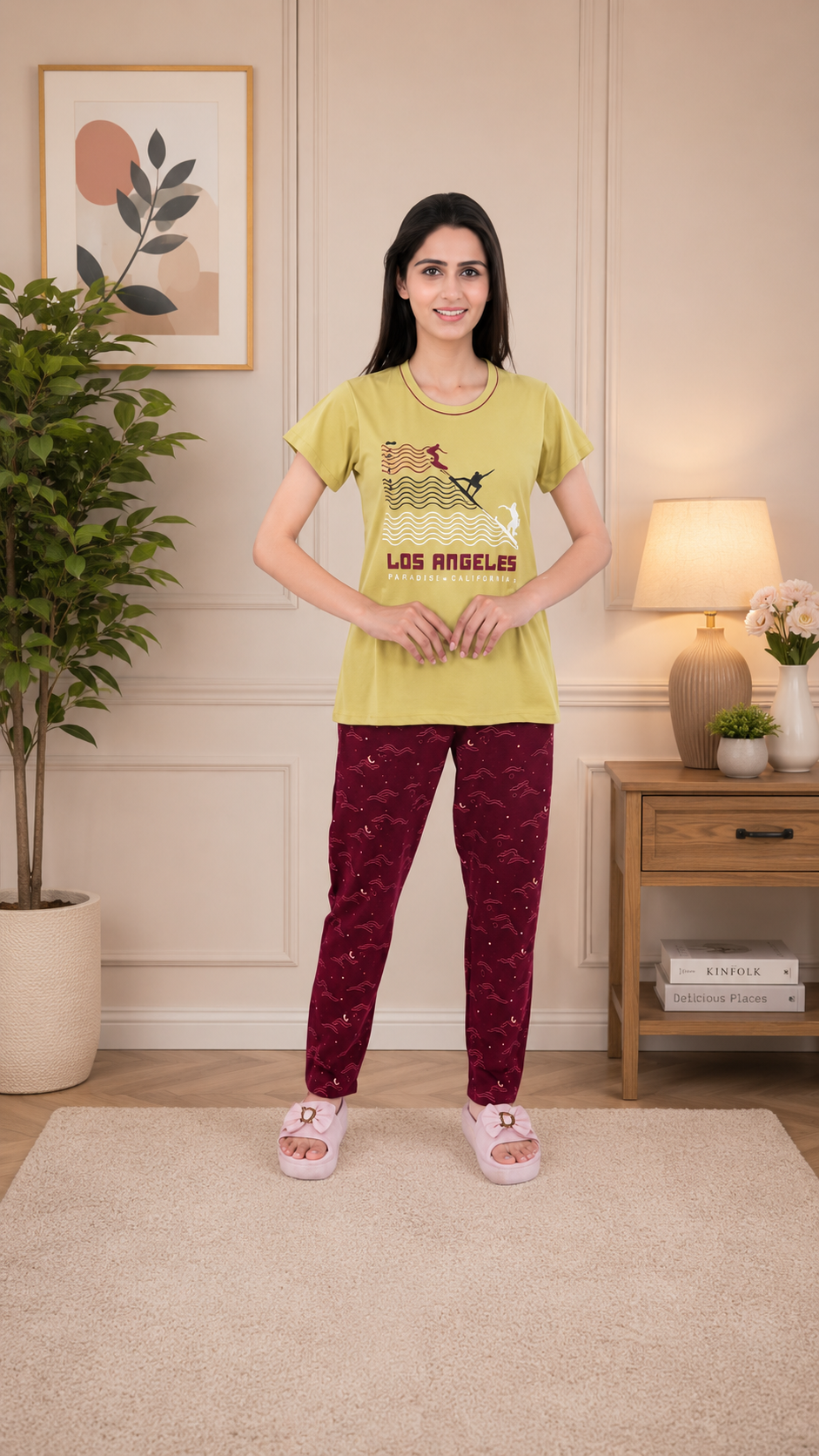 Women's 100% Hosiery Cotton Printed Top with Printed Lower | Night Suit T-Shirt & Pajama Set for Women | Sleeping Tees & Bottom for Women (Rust & Maroon)