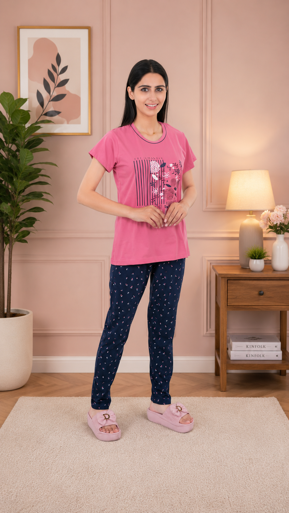 Women's 100% Hosiery Cotton Printed Top with Printed Lower | Night Suit T-Shirt & Pajama Set for Women | Sleeping Tees & Bottom for Women (Pink & Navy Blue)