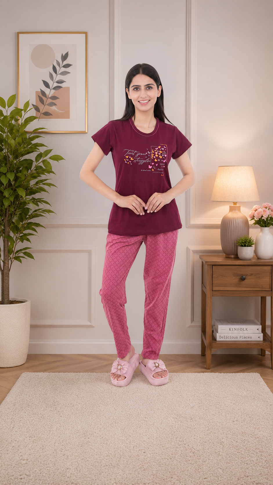 Women's 100% Hosiery Cotton Printed Top with Printed Lower | Night Suit T-Shirt & Pajama Set for Women | Sleeping Tees & Bottom for Women (Maroon & Pink)