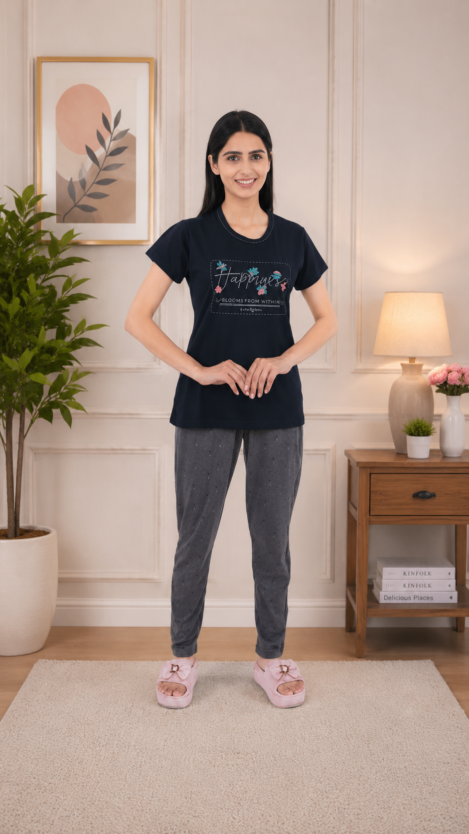Women's 100% Hosiery Cotton Printed Top with Printed Lower | Night Suit T-Shirt & Pajama Set for Women | Sleeping Tees & Bottom for Women (Navy Blue & Grey)