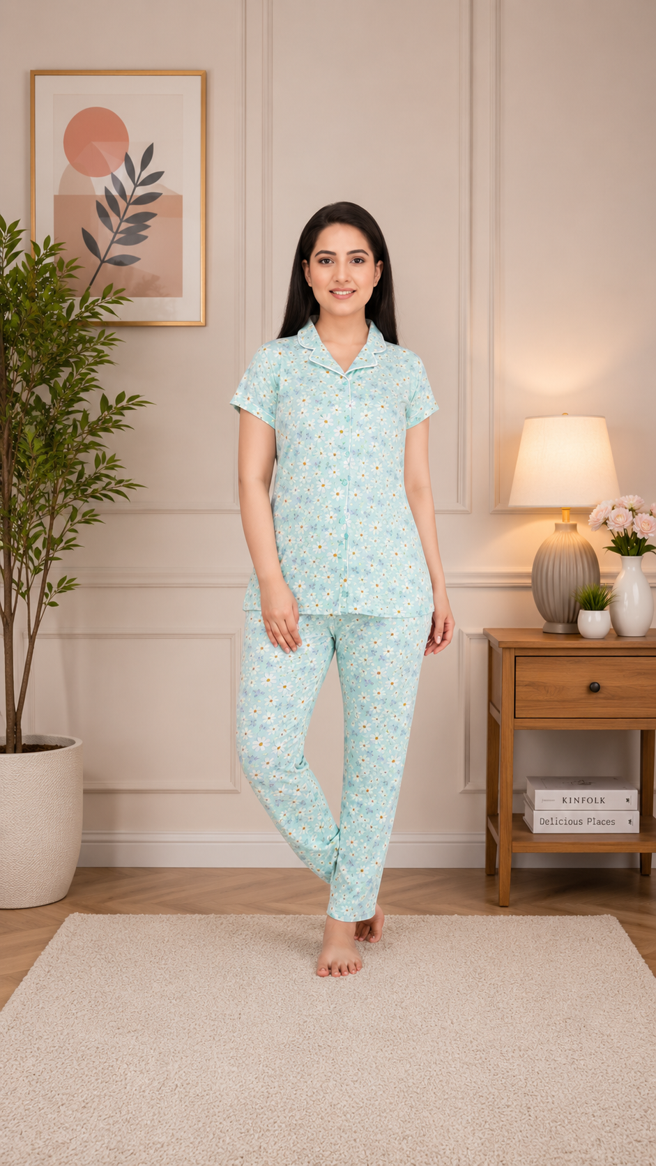 Women's Cotton Printed Night Suit Set of Shirt & Pajama Set | Women Stylish Pyjama Set | Nightwear Pyjama's for women & Girls (Sea Green)