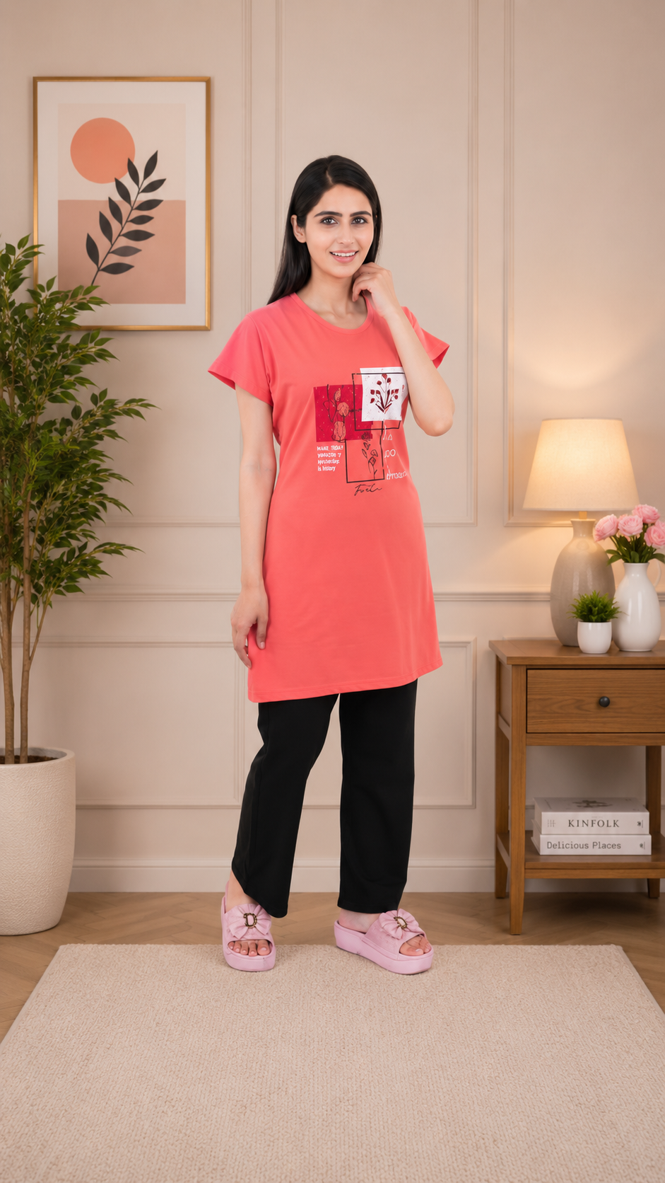 Women's 100% Hosiery Cotton Stuff Printed Long Top with Solid Lower | Night Suit T-Shirt & Pajama Set for Women | Sleeping Tees & Bottom for Women (Pink)