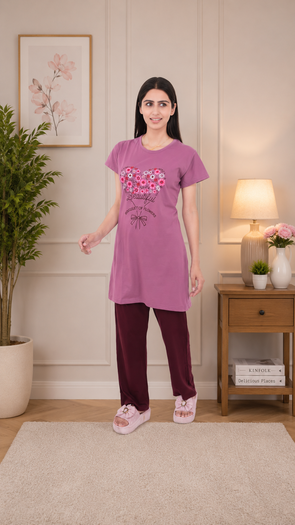 Women's 100% Hosiery Cotton Stuff Printed Long Top with Solid Lower | Night Suit T-Shirt & Pajama Set for Women | Sleeping Tees & Bottom for Women (Purple)