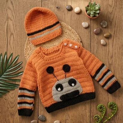 KNIT GEMS Handmade Alain Design Baby Cardigan with Cap | Kids Sweater with caps