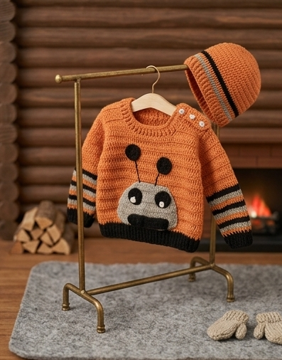 KNIT GEMS Handmade Alain Design Baby Cardigan with Cap | Kids Sweater with caps