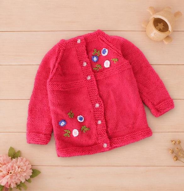 KNIT GEMS Handmade Baby Full Sleeves Knitted Embroidery Cardigan